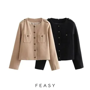 Women Elegant Short Woolen Jacket Round Neck Long Sleeve Coat With Metal Buttons Fashion Streetwear Pocket Casual Outerwear