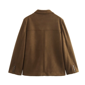 Detail view of the back of a dark brown faux suede jacket with cuff buttons and stitching