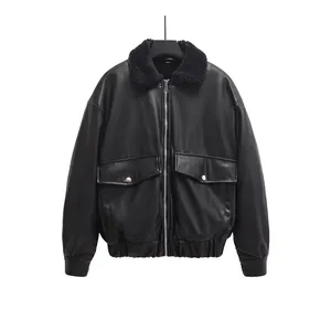Giacca in Ecopelle Casual da Donna Con Colletto in Pelliccia Sintetica Streetwear Bomber Largo Con Cerniera Cappotto Caldo