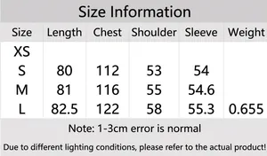Detailed size chart for women's double-faced wool coat with length and bust measurements