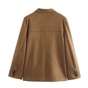 Rear view of a camel single-breasted blazer with classic collar and button cuffs