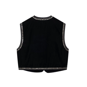 Gilet in velluto nero da donna con ricami di paillettes argentate stile etnico