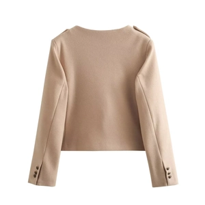 Back view of women's khaki wool jacket with shoulder tabs and decorative cuff buttons