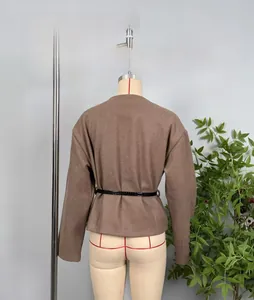 Rear view of brown long-sleeved soft coat with black crocodile-patterned waist belt