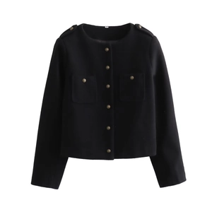 Women's chic black cropped tweed jacket with decorative gold buttons and front pockets