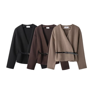 Women's V-neck wrap jackets in black, brown, and beige with slim black leather belts