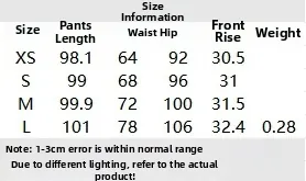 Detailed size chart for high waist trousers including length, waist, and hip measurements