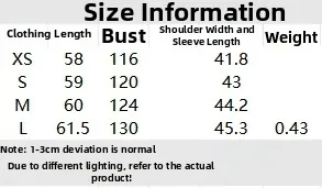 Size guide table for women's quilted jacket with measurements for XS to L in centimeters