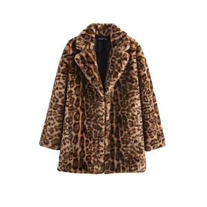 Manteau en Fausse Fourrure Léopard pour Femmes Revers Manches Longues Hiver Chaud Vêtements d'extérieur Streetwear Veste