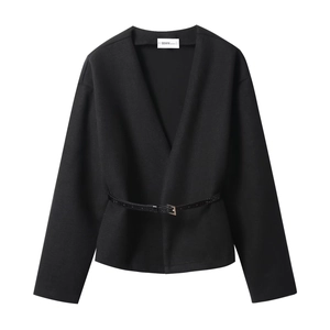 Detail of V-neck wool blend jacket with faux crocodile texture belt and gold metal buckle
