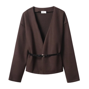 Detail of dark brown V-neck jacket with waist belt and soft texture fabric