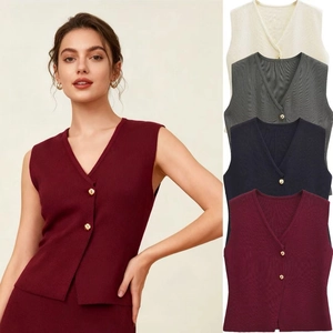 Gilet en Tricot à Col en V pour Femmes Haut Sans Manches Avec Boutons Dorés Cardigan Élégant Couleur Unie Mode Décontractée Streetwear