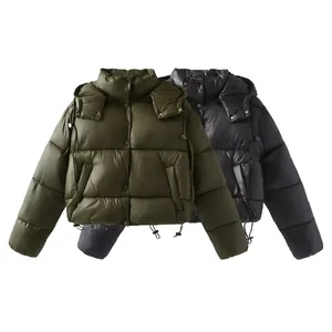 Women Short Hooded Puffer Jacket Winter Warm Polyester Cotton Padded Coat Streetwear Solid Color Quilted Outerwear With Adjustable Hem