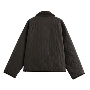 Back view of a dark brown quilted jacket with diamond patterns and corduroy collar