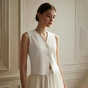 Gilet élégant en tricot blanc à col en V avec boutons en perles et coupe en biais