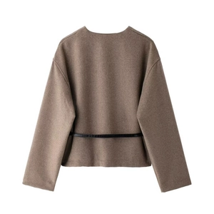 Women's V-neck long sleeve camel wool blend jacket with thin black leather waist belt