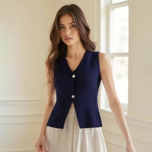 Gilet sans manches bleu marine à col en V avec boutons décoratifs pour un style chic
