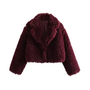 Damen Mode Kunstpelz Jacke Weinrot Reverskragen Langarm Kurzer Mantel Dick Warm Winter Oberbekleidung Streetwear Jacke