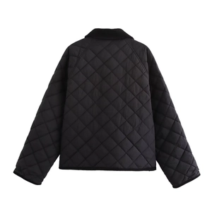 Detail view of the black diamond-quilted back on this stylish autumn winter jacket
