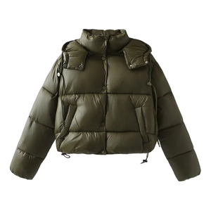Women's cropped hooded puffer jacket in olive green featuring horizontal wide quilting
