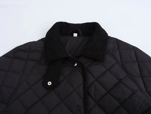 Detail of black quilted jacket showing corduroy collar and silver snap buttons