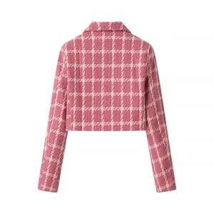 Rear view of cropped tweed plaid jacket in pink and white with classic long sleeves