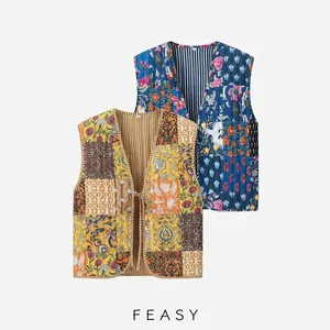 Women Vintage Quilted Patchwork Vest Bohemian Floral Print V-Neck Lace Up Sleeveless Padded Waistcoat Autumn Winter Outerwear