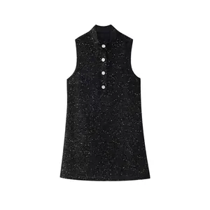 Robe Mini en Tweed à Paillettes Femme Élégante Sans Manches Col Montant Taille Haute Robe de Soirée Boutons en Strass Noir