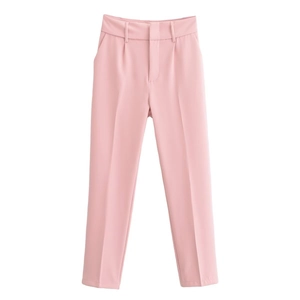 Women's pink high-waisted straight suit trousers with pleated details and side pockets