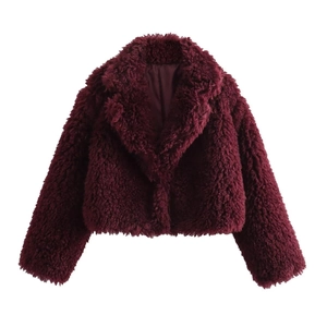Damen Straßenmode Kunstpelz-Kurzjacke in Burgund mit großem Revers und langen Ärmeln