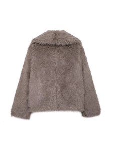 Faux fur jacket in lavender grey with oversized lapel and plush texture for winter style