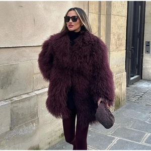 Damen Elegant Weinrot Kunstpelz Mantel Vintage Luxuriös Mittellang Wintermantel Warm Winterkleidung Streetwear Party Jacke