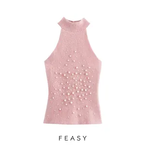 Elegante Top in Maglia Donna con Scollo all'Americana e Künstliche Perle Artificiali Senza Maniche Rosa Collo Alto Vestibilità Slim