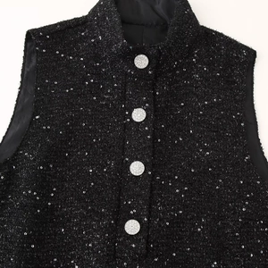 Gilet en tweed noir pour femmes avec paillettes, col montant et boutons ornés de strass