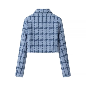 Detailed back view of a blue cropped tweed jacket with classic plaid pattern and lapel collar