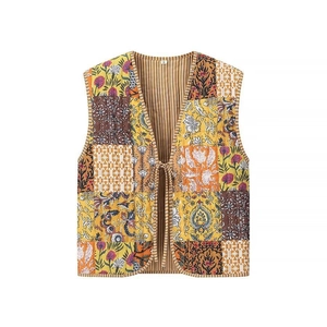 Ethnic patchwork quilted vest with floral print, V-neck, and tie-front closure