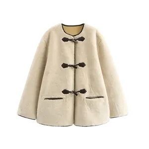 Women Round Neck Faux Fur Coat Loose Winter Warm Toggle Button Outerwear Solid Color Long Sleeve Mid Length Fashion Jacket