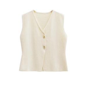 Gilet en maille sans manches beige minimaliste avec deux boutons dorés ronds décoratifs