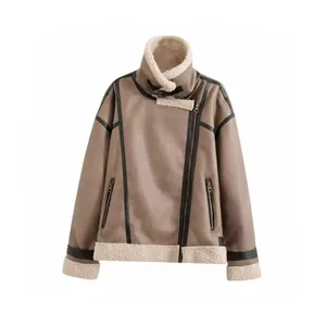 Women Vintage Suede Jacket Faux Lamb Wool Lined Motorcycle Biker Coat Winter Warm Zipper Pocket Street Fashion Outerwear