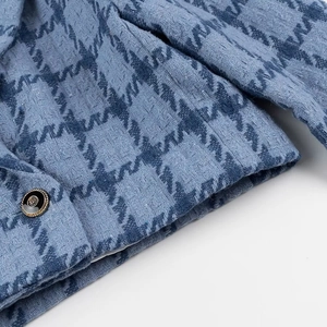 Detailed view of blue houndstooth woven fabric and vintage button on fashion jacket