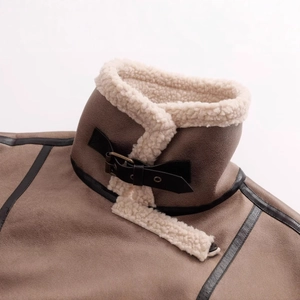 Women's brown faux suede jacket with white shearling collar and leather strap detail