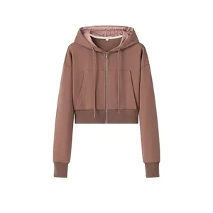 Felpa con Cappuccio Corta Casual da Donna Tinta Unita Manica Lunga con Coulisse e Cerniera Streetwear Top Autunno Inverno