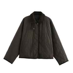 Women's dark brown quilted jacket with diamond patterns and corduroy collar for autumn