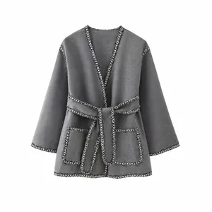 Women V-Neck Grey Woolen Coat With Braided Trim And Belt Long Sleeve Elegant Streetwear Autumn Winter Open Front Outerwear