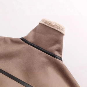 Vintage brown suede jacket with black leather trim and white faux shearling collar detail