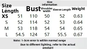 Detailed size chart for women cropped wool jacket showing length, bust and weight measurements