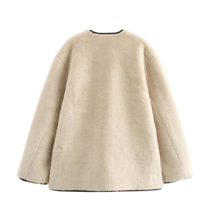 Back view of beige faux fur coat with dark trim and elegant knot buckle details