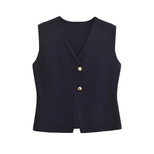 Gilet en maille bleu marine à col en V avec boutons dorés et ourlet fendu chic