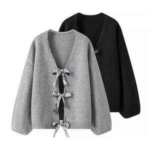 Knit cardigan set with silver sequin bow ties and relaxed fit in grey and black