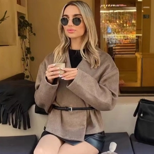 Elegant Women V Neck Wrap Woolen Like Coat With Belt Brown Fashion Streetwear Casual Long Sleeve Warm Jacket Outerwear